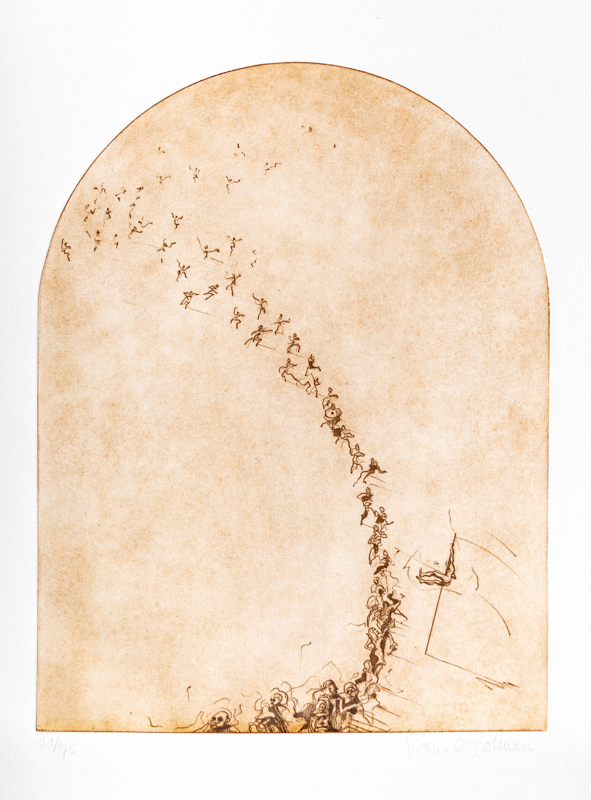 Tan image of a line of people, bottom right corner has a pole vaulter.